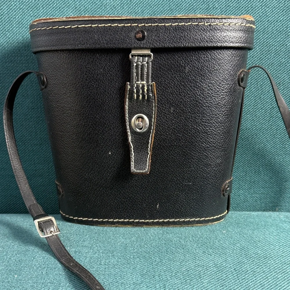 Vintage Antique Binoculars Case Black with Red Lining and Adjustable Strap